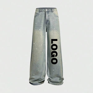 Hochwertige Maßgefertigte High-Streetwear-<span class=keywords><strong>Jeans</strong></span> Lose Gerade Weite Hosen Coole Gewaschene Strass-Kristall Hip-Hop Mode-<span class=keywords><strong>Jeans</strong></span> - Product Image 2