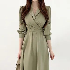 Boutique Großhandel einfarbige Baumwolle koreanischen Stil Neu Frühling Revers Puff Ärmel lässig Langarm Mode Damen kleid