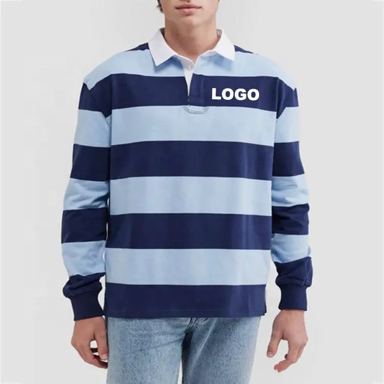 OEM individueller Kragen 100 % Baumwolle Langärmeliger Pullover gestreiftes Rugby-Polo-Shirt für Herren