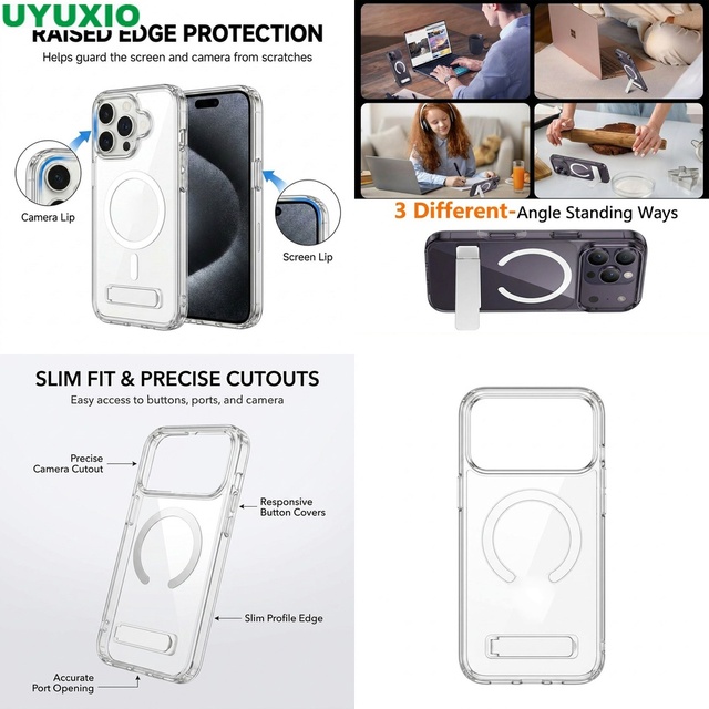 Slim Reinforced Magnetic Kickstand Case for iPhone 17 16 15 14 13 12 Pro Max 11 12 Mini Crystal Clear Drop Proof Shell