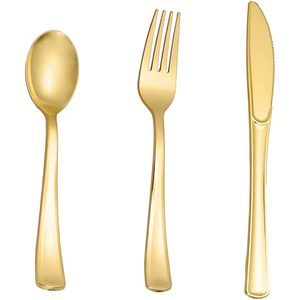 Ensemble de vaisselle en plastique <span class=keywords><strong>biodégradable</strong></span> personnalisable, kits de couverts jetables avec poignée dorée/argentée pour les mariages, les fêtes et la restauration - Product Image 1