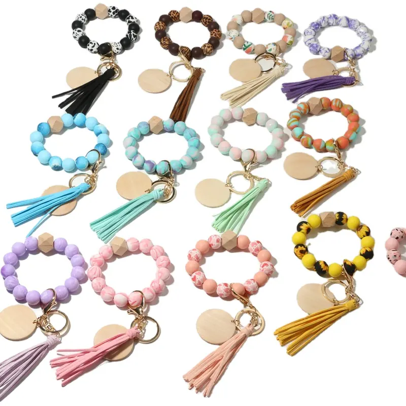2022 cross border new fashion women's gift Bracelet leather tassel wood bead tie dye printing silicone wrist key chain