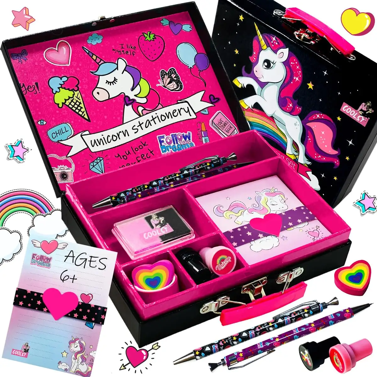 Unicorn Set alat tulis pena pensil, Set kartu bentuk hati 3D penghapus untuk hadiah liburan anak perempuan