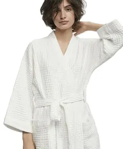 Women lapel style disposable hotel cotton soft dressing waist belt kimono nightgown