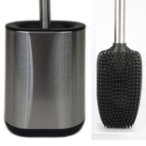Cepillo flexible de silicona para inodoro con soporte, soporte de acero inoxidable, mango de acero inoxidable, flexible, plano, para inodoro y contenedor - Product Image 3