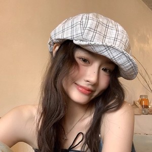 Retro Plaid Octagonal <b>Hat</b> For Women 100% Cotton Face Slimming Painter <b>Hat</b> Spring <b>Summer</b> 2024 Korean Style - Product Image 2