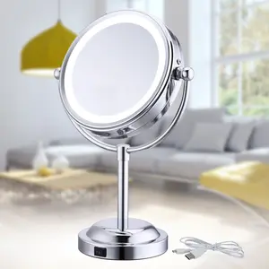 Herramientas de maquillaje de escritorio LED de 6 pulgadas con batería de luz, espejo de maquillaje USB enchufable de doble uso, espejo de baño con aumento