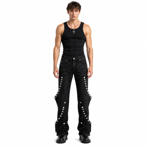 Jean évasé taille mi-haute pour homme Wangsheng, denim foncé, style hip-hop gothique streetwear, panneaux asymétriques, détails rivets argentés - Product Image 4