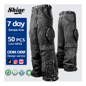 Siêu axit rửa người đàn ông của denim quần hàng hóa chất lượng cao OEM nút trang trí thẳng giữa xếp li baggy thiết kế cổ điển nhìn - Product Image 2