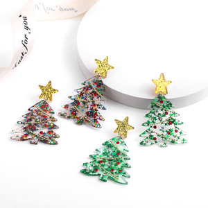Parures de boucles d'oreilles créoles uniques en forme de sapin de Noël avec motifs étoiles jaunes, bijoux de fête en acrylique, boucles d'oreilles mignonnes de qualité supérieure pour femme - Product Image 1