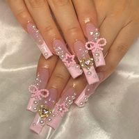 Lot de 24 faux ongles longs en forme de cercueil, avec papillons 3D et diamants, style français, luxueux et réutilisables