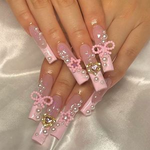 Lot de 24 faux ongles longs en forme de cercueil, avec papillons 3D et diamants, style français, luxueux et réutilisables - Product Image 4