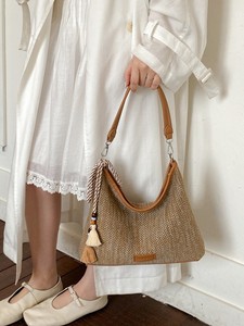Bohemian Jute Shoulder Bag With <b>Tassel</b> Decoration Single Strap Open Closure <b>For</b> Daily Use All Seasons - Product Image 5