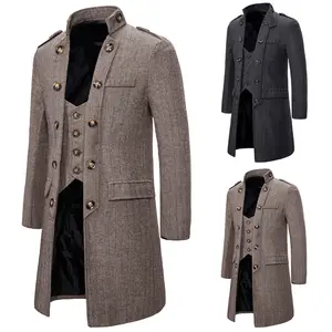 New autumn/winter European code trench coat man Stand collar designer mid-length coat Fake two pieces of woolen coat windbreaker