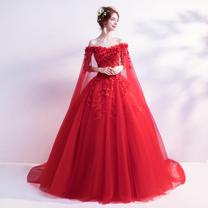 Rose Red Tulle Off-Shoulder Ball Gown Wedding Dress Empire Waist Floral Print Long Sleeve Evening Gown - Product Image 3