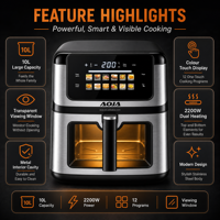 Friteuse à air numérique OEM 2200W 10L grande capacité avec fenêtre visible, double chauffage et 12 préréglages pour la cuisine domestique