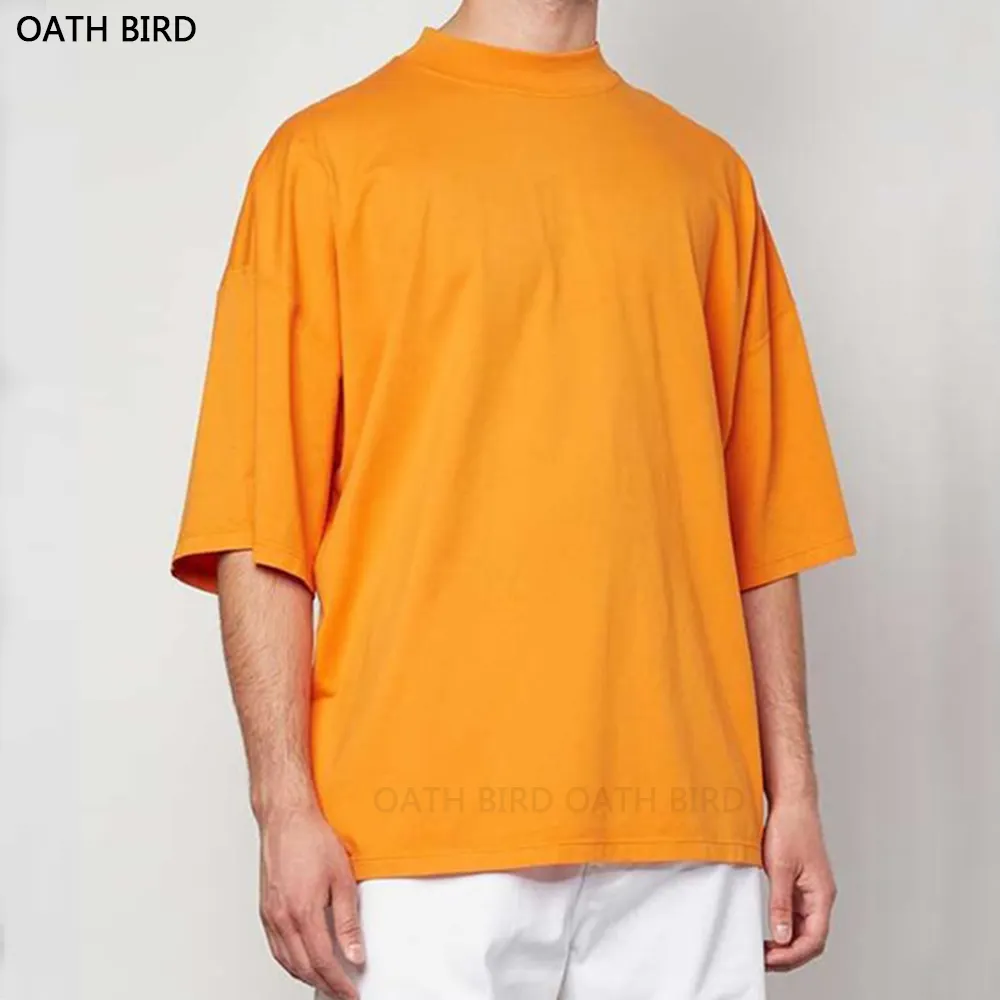 Özel temel Mock boyun erkek t-shirt katı renk Tee kısa kollu Boxy boy T shirt