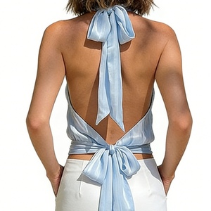 Top corto halter sin espalda para mujer, sin mangas, con lazo en la espalda, fruncido, tipo blusa/chaleco, para fiesta, a la moda - Product Image 6