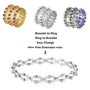 Gold Platinum Rainbow Plated One Two-Wear Telescopic Retractable Ring Bracelet Crystal Rhinestone Easy Change Magic Ring Bangle