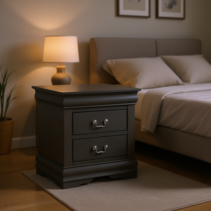 Table de chevet gris foncé à 2 tiroirs avec plateau en bois, meuble de rangement traditionnel pour chambre à coucher - Product Image 2