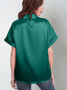 Chemise à boutons en satin à manches courtes en soie unie et longue chemise ample et décontractée avec logo personnalisé pour le printemps et les États-Unis - Product Image 5