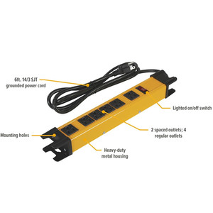 Multiprise robuste avec boîtier métallique jaune de sécurité, 6 prises, cordon de 1,8 m, fentes de fixation à œillet, pour garage industriel, atelier, établi - Product Image 6