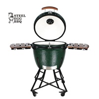 Barbecue Kamado en céramique SEB 24 pouces en acier inoxydable avec chariot, dispositif de sécurité anti-épuisement d'oxygène, commande par bouton, charbon de bois pliable