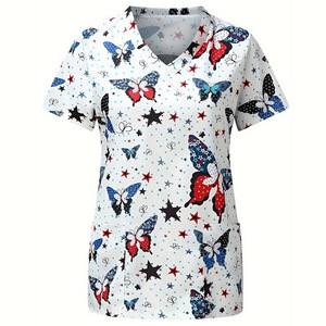 Blouse médicale unisexe respirante à col en V et manches courtes avec poches, uniforme d'hôpital en tissu tissé à motif imprimé - Product Image 6