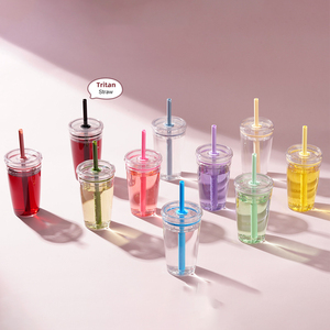 Gobelet en plastique réutilisable transparent 450ml Tritan Boba à paroi unique tasse à café thé au lait multicolore avec paille - Product Image 1