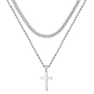 Collier avec pendentif croix en acier inoxydable, chaîne cubaine double couche, pour hommes, bijoux à la mode, cadeau à porter au quotidien - Product Image 4