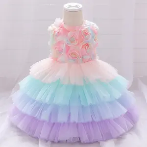 2022 यूरोपीय शैली फीता वर लड़की पजामा गुलाबी फूल लड़की पोशाक बच्चे जन्मदिन बेबी पार्टी पोशाक के लिए 2 साल पुराने