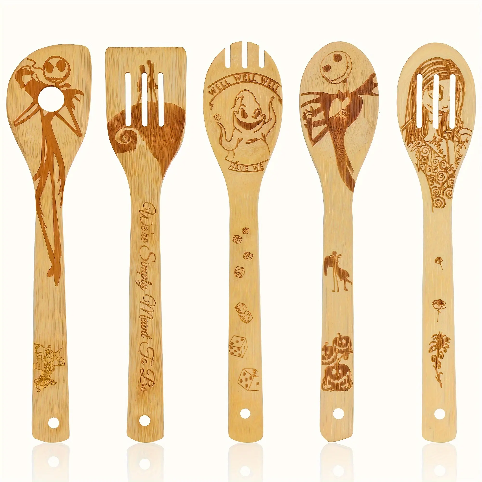 Amazon Best Seller Bamboo Spatulas and Spoon 5-pieces Set Bamboo Carton Kitchenware Set in Stock