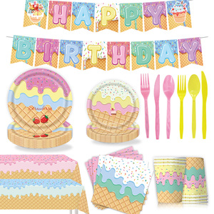 ชุดตกแต่งปาร์ตี้ไอศกรีม DAMAI จานธีมไอศกรีมสำหรับงานวันเกิด จานขนมหวานแบบใช้แล้วทิ้งลายสตรอว์เบอร์รี ผ้าเช็ดปาก ส้อม - Product Image 2