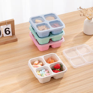 Boîte à lunch rectangulaire colorée avec couvercle en plastique pour enfants, récipient de stockage alimentaire réutilisable et compatible micro-ondes, design à 4 compartiments - Product Image 1