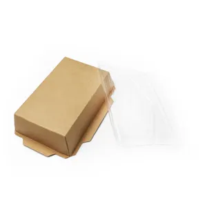 長方形の生分解性茶色のクラフト紙ランチボックス食品容器包装カバーPET付き