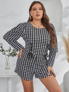 Ensemble 2 pièces col rond imprimé <span class=keywords><strong>pied</strong></span>-<span class=keywords><strong>de</strong></span>-<span class=keywords><strong>poule</strong></span> pour femmes-Top ceinturé à manches longues Mini Shorts Sets Plus-Size Women Clothes - Product Image 4