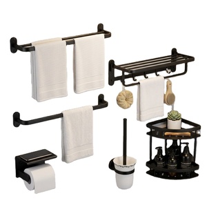 Ensemble d'accessoires de salle de bain noir mat 5 pièces, barres porte-serviettes murales, étagère, porte-papier toilette, porte-brosse, étagère d'angle - Product Image 1