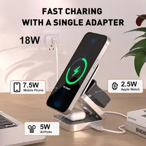 Portable 3 In 1 Foldable 15W Qi Fast Wireless Charging Station And Stand For Mobile Devices