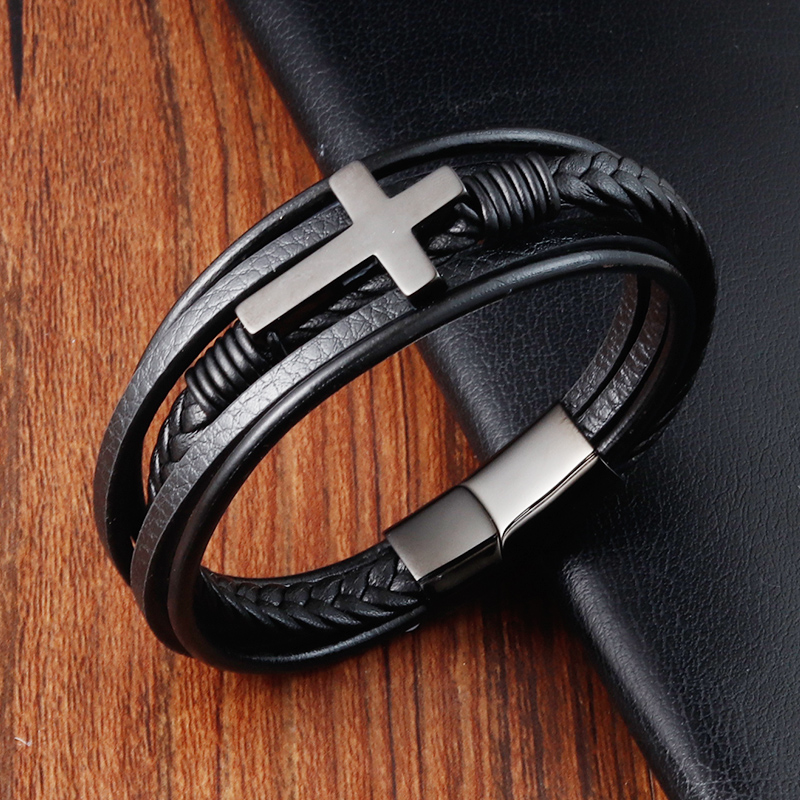 Black Genuine Leather Christian Bracelet with Stainless Steel