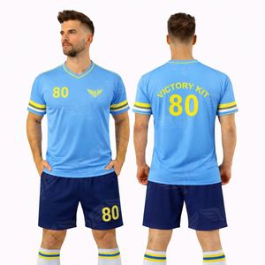 Uniforme de Fútbol Personalizado para Hombre, Transpirable, de Secado Rápido, 100% Poliéster, Conjunto de Camiseta de Manga Corta y Pantalones Cortos para Entrenamiento, Azul y Rojo - Product Image 2