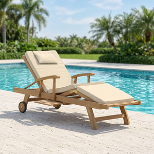 Chaise longue en teck massif avec coussins, inclinable, pliable, pour patio extérieur, design moderne, mobilier de plage en bois portable - Product Image 1