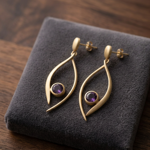 Boucles d'oreilles pendantes en améthyste plaquées or en forme de goutte d'eau avec tige incurvée pour femme, bijoux cadeau - Product Image 2