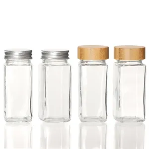 Barattolo di spezie per bottiglie di condimento per spezie in vetro trasparente quadrato di vendita calda con coperchi in bambù