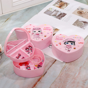 Cute Childrens Doll Jewelry Heart Shaped <b>Makeup</b> <b>Box</b> Double Layer Storage For Hair Accessories Toys And Miscellaneous Items - Product Image 1