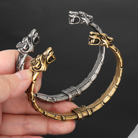 Bracelet à double tête de loup dragon nordique pour hommes avec nœuds celtiques Bracelet à la mode Viking en acier inoxydable plaqué or Bracelet à manchette ouverte