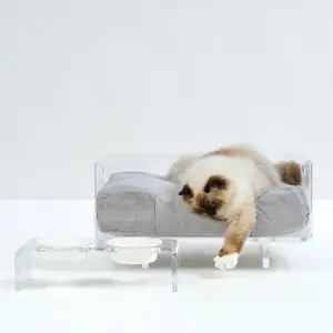 Modern Clear Lucite Acrylic Modern Elevated Pet Cat Bed Durable Custom Color Acrylic Dog Sleeping Bed and Feeder Sofa Beds House