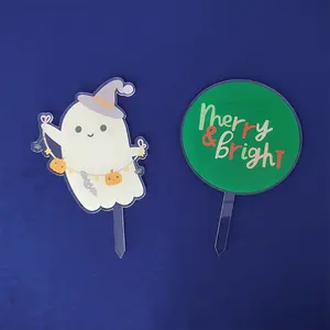 UV Printing Acrylic Halloween Ghost Cake Topper Merry Bright Acrylic Christmas Cake Topper For Halloween Or Christmas