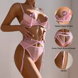 Women Sexy Transparent Open Chest Lingerie Set Hot Femme Peach Buttocks Lingeries Woman Sexy Nipple Stickers 4 Pieces For Lady