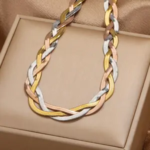 Double Twisted Gold Plated Cheap Colares Pulseira Aço Inoxidável Herringbone Snake Chain Necklace Para As Mulheres