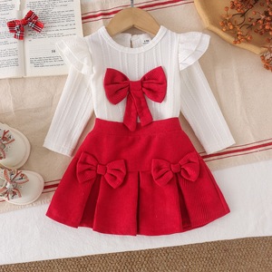 Conjunto de Ropa para Bebé Niña, Camisa Blanca de Manga Larga con Lazos + Falda Roja Plisada con Lazos, Conjunto de 2 Piezas para Cumpleaños - Product Image 1